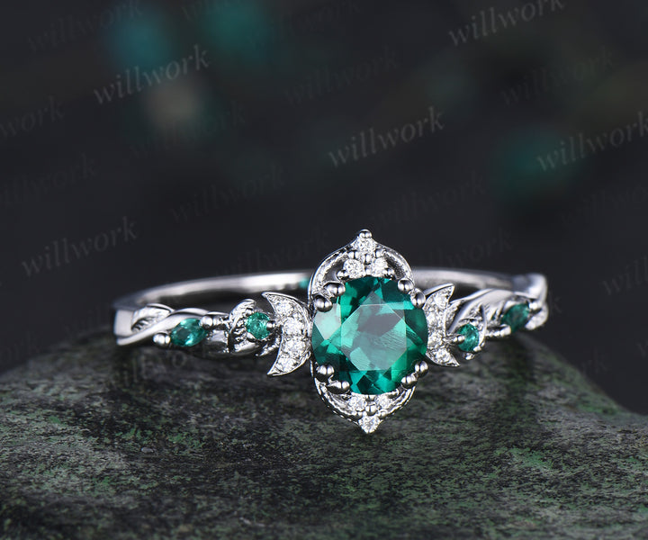 1ct round cut emerald engagement ring dainty moon diamond cluster ring nature-inspired leaf vines wedding ring May birthstone gifts