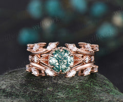 Round moss agate ring set unique milgrain moss agate engagement ring twig leaf marquise moissanite band enhancer nature-inspired bridal set