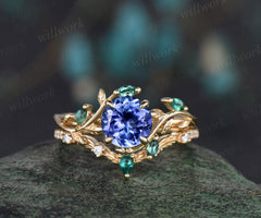Vintage round cut tanzanite engagement ring solid yellow gold emerald leaf nature inspired moissanite bridal set promise wedding ring