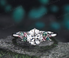 1ct Round IGI Certified Lab Grown Diamond Engagement Ring Moss Agate Pink Tourmalines Cluster Ring Unique Bridal Wedding Ring