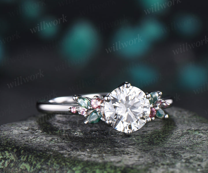 1ct Round IGI Certified Lab Grown Diamond Engagement Ring Moss Agate Pink Tourmalines Cluster Ring Unique Bridal Wedding Ring