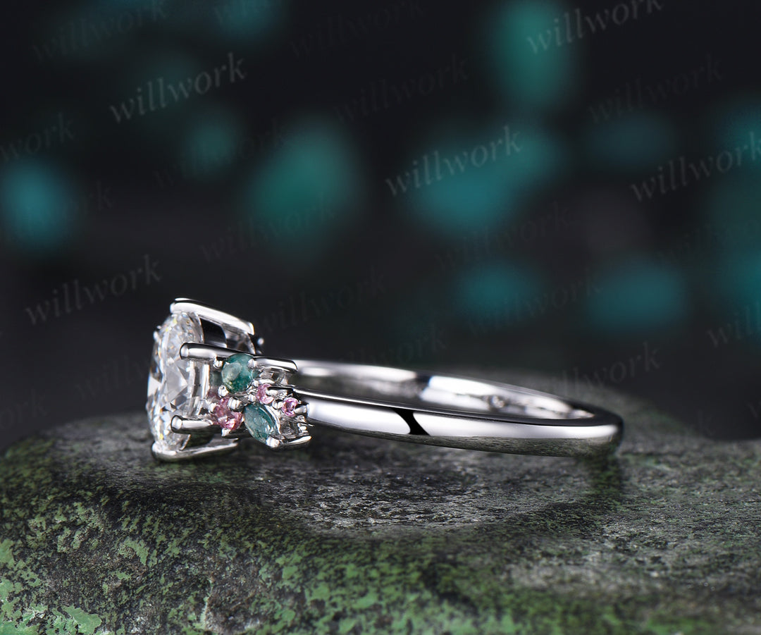 1ct Round IGI Certified Lab Grown Diamond Engagement Ring Moss Agate Pink Tourmalines Cluster Ring Unique Bridal Wedding Ring