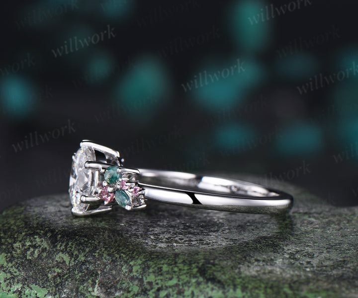 1ct Round IGI Certified Lab Grown Diamond Engagement Ring Moss Agate Pink Tourmalines Cluster Ring Unique Bridal Wedding Ring