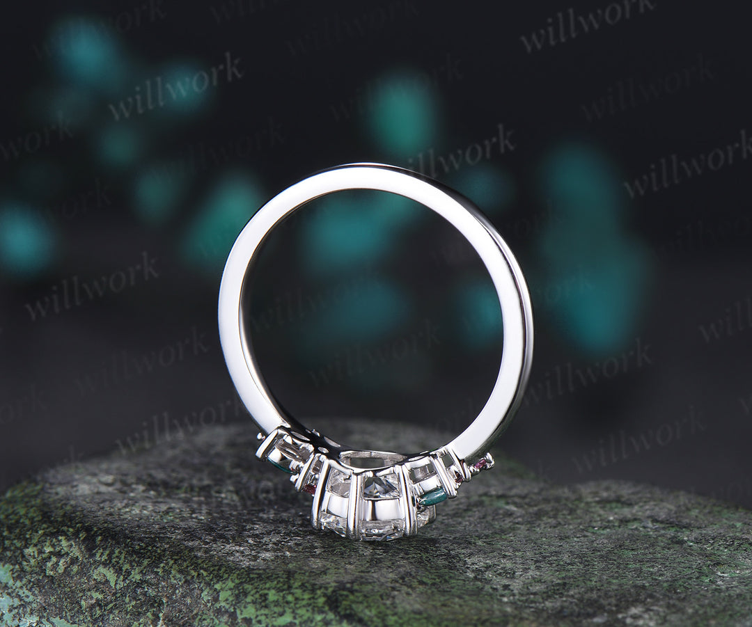 1ct Round IGI Certified Lab Grown Diamond Engagement Ring Moss Agate Pink Tourmalines Cluster Ring Unique Bridal Wedding Ring
