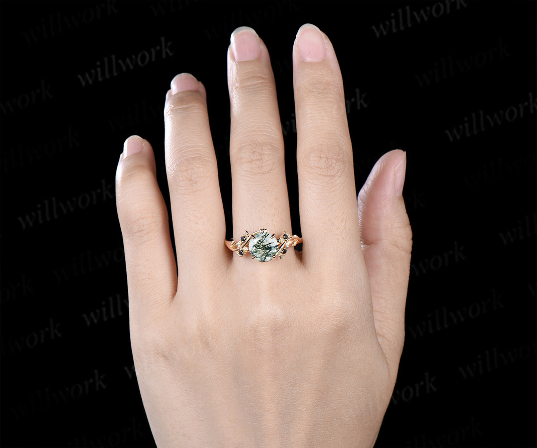 Round cut moss agate engagement ring leaf twig accent black spinels ring nature inspired bridal ring gifts for her