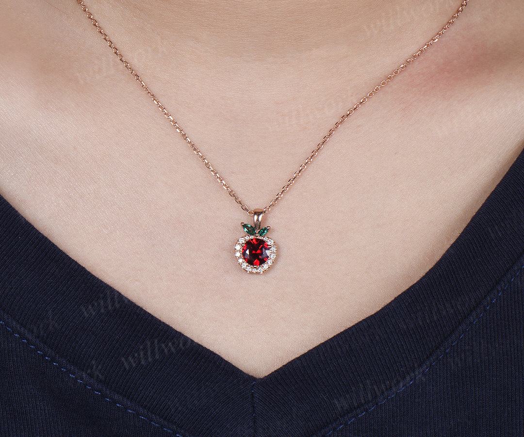 Round Ruby Apple Necklace Marquise Emerald Moissanite Halo Pendant Cute Fruit Inspired Necklace for Women