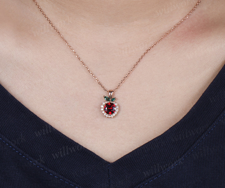 Round Ruby Apple Necklace Marquise Emerald Moissanite Halo Pendant Cute Fruit Inspired Necklace for Women