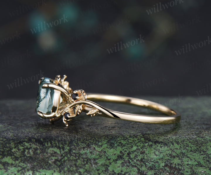 Round cut moss agate engagement ring leaf twig accent black spinels ring nature inspired bridal ring gifts for her