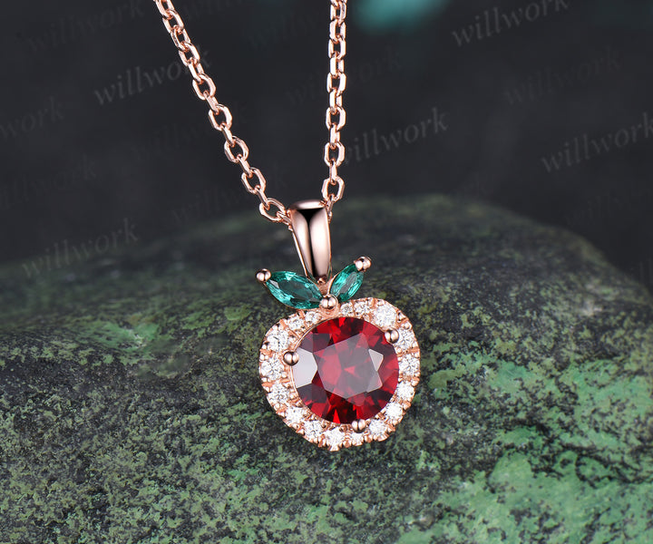 Round Ruby Apple Necklace Marquise Emerald Moissanite Halo Pendant Cute Fruit Inspired Necklace for Women