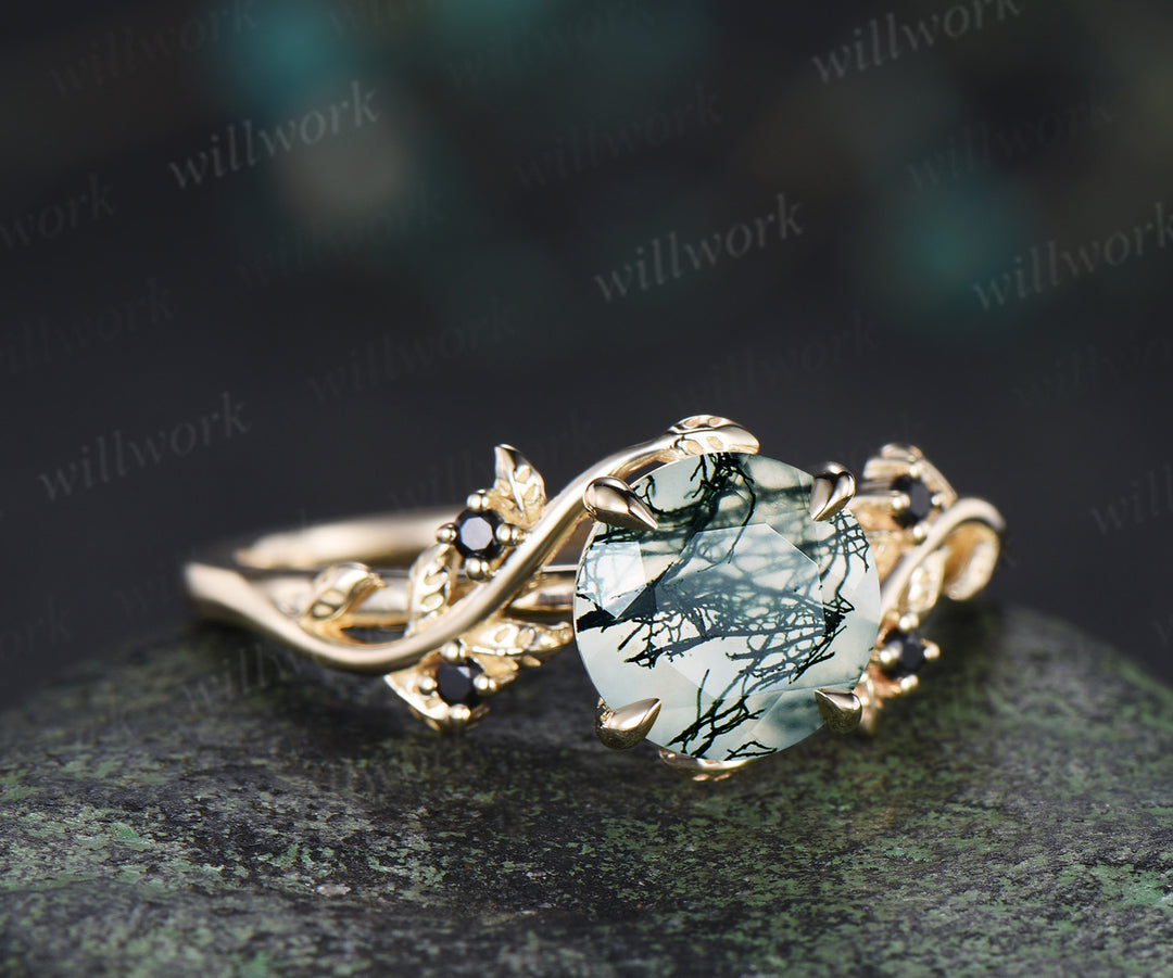Round cut moss agate engagement ring leaf twig accent black spinels ring nature inspired bridal ring gifts for her