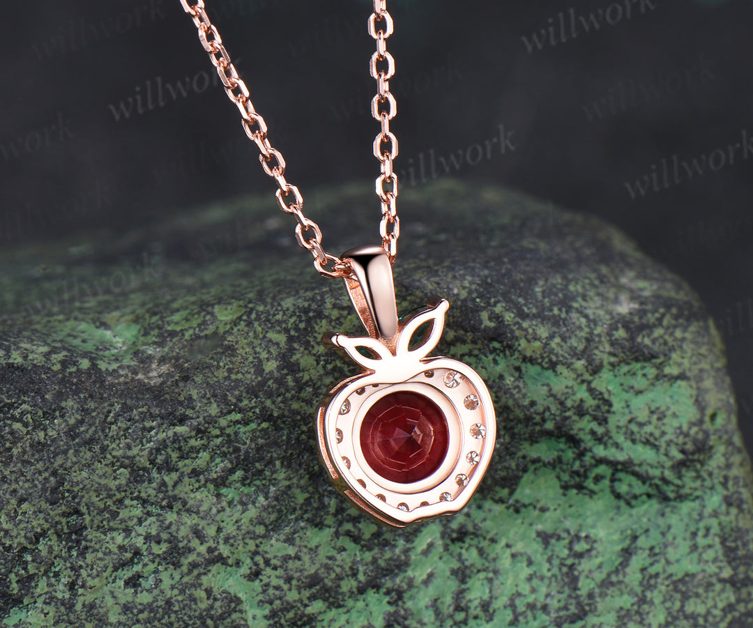 Round Ruby Apple Necklace Marquise Emerald Moissanite Halo Pendant Cute Fruit Inspired Necklace for Women