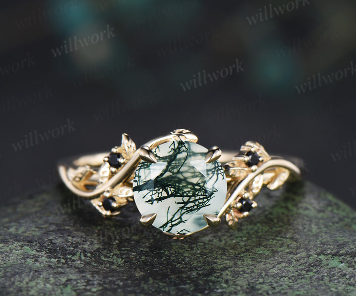 Round cut moss agate engagement ring leaf twig accent black spinels ring nature inspired bridal ring gifts for her