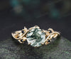 Round cut moss agate engagement ring leaf twig accent black spinels ring nature inspired bridal ring gifts for her