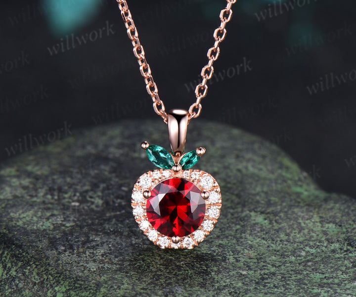 Round Ruby Apple Necklace Marquise Emerald Moissanite Halo Pendant Cute Fruit Inspired Necklace for Women
