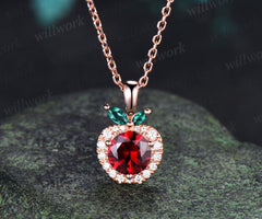 Round Ruby Apple Necklace Marquise Emerald Moissanite Halo Pendant Cute Fruit Inspired Necklace for Women