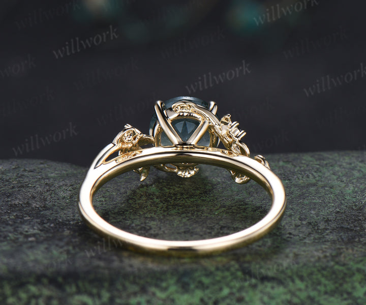 Round cut moss agate engagement ring leaf twig accent black spinels ring nature inspired bridal ring gifts for her