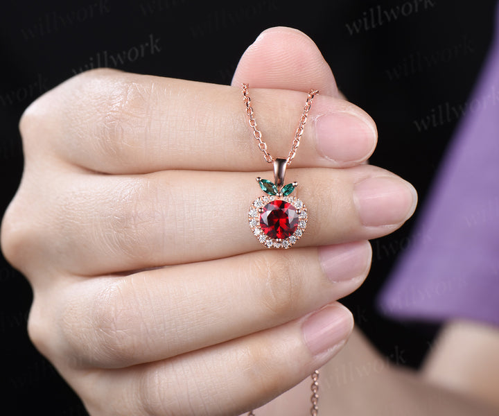 Round Ruby Apple Necklace Marquise Emerald Moissanite Halo Pendant Cute Fruit Inspired Necklace for Women
