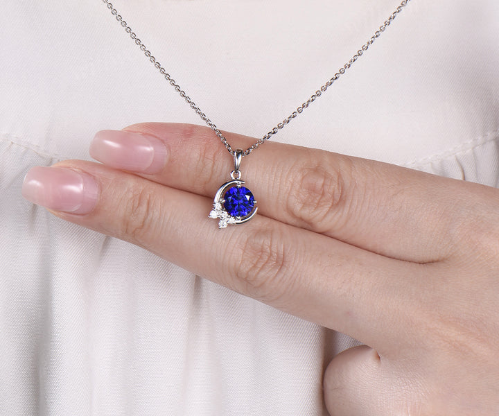Vintage round sapphire necklace white gold diamonds cluster moon snowdrift pendant women gifts for her