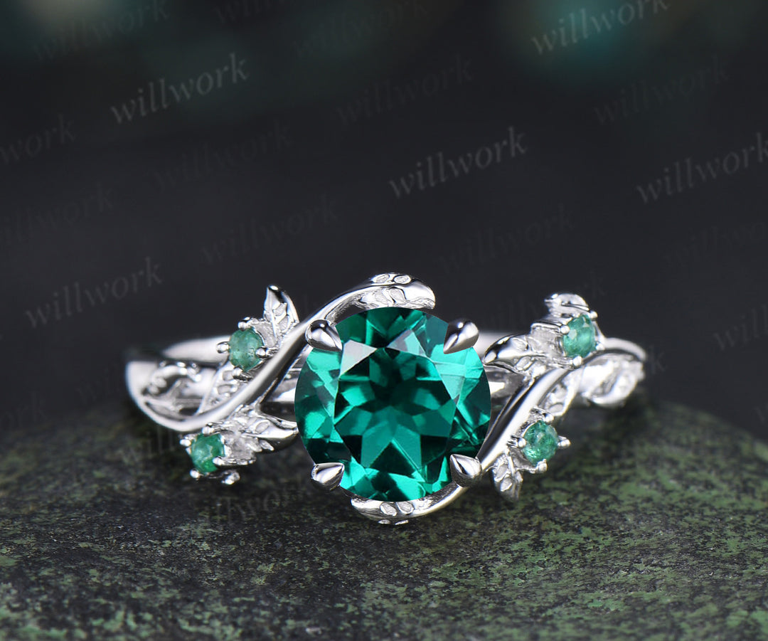 Round emerald engagement ring set natural emeralds leaf twig ring celtic knot wedding band nature inspired jewelry