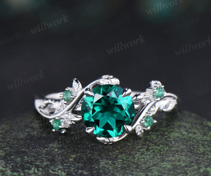 Round emerald engagement ring set natural emeralds leaf twig ring celtic knot wedding band nature inspired jewelry