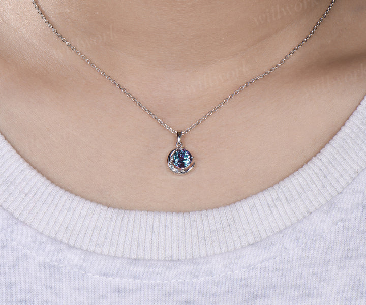 Round cut alexandrite necklace earring set alexandrite cluster unique moon pendant stud earrings jewelry gift