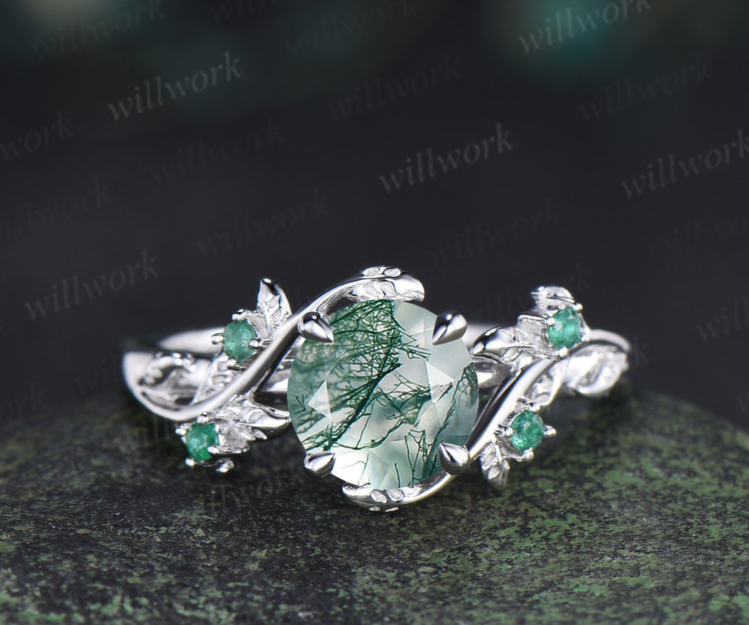 Unique round moss agate engagement ring set natural emeralds leaf branch ring celtic knot wedding band bridal set gifts for women