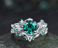 Round emerald engagement ring set natural emeralds leaf twig ring celtic knot wedding band nature inspired jewelry