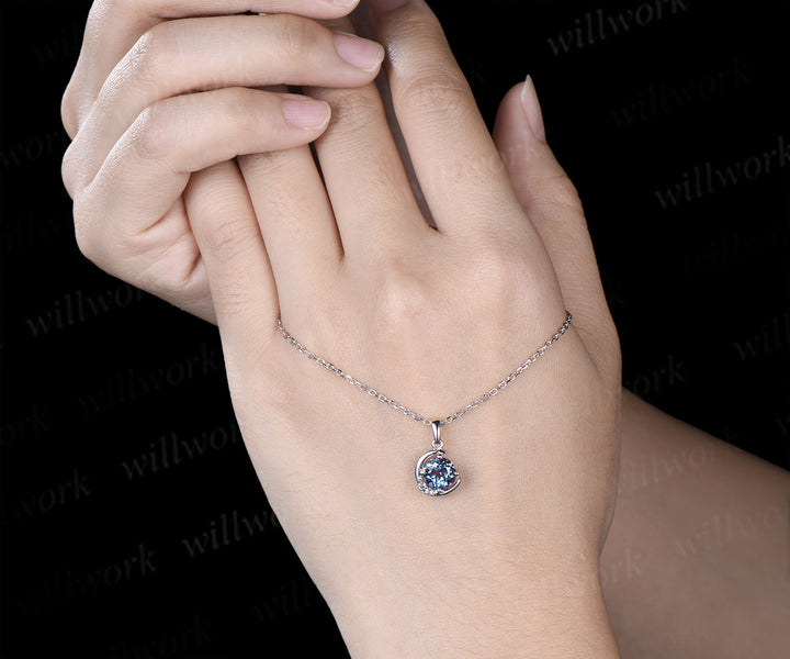 Round cut alexandrite necklace earring set alexandrite cluster unique moon pendant stud earrings jewelry gift