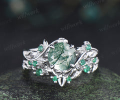 Unique round moss agate engagement ring set natural emeralds leaf branch ring celtic knot wedding band bridal set gifts for women