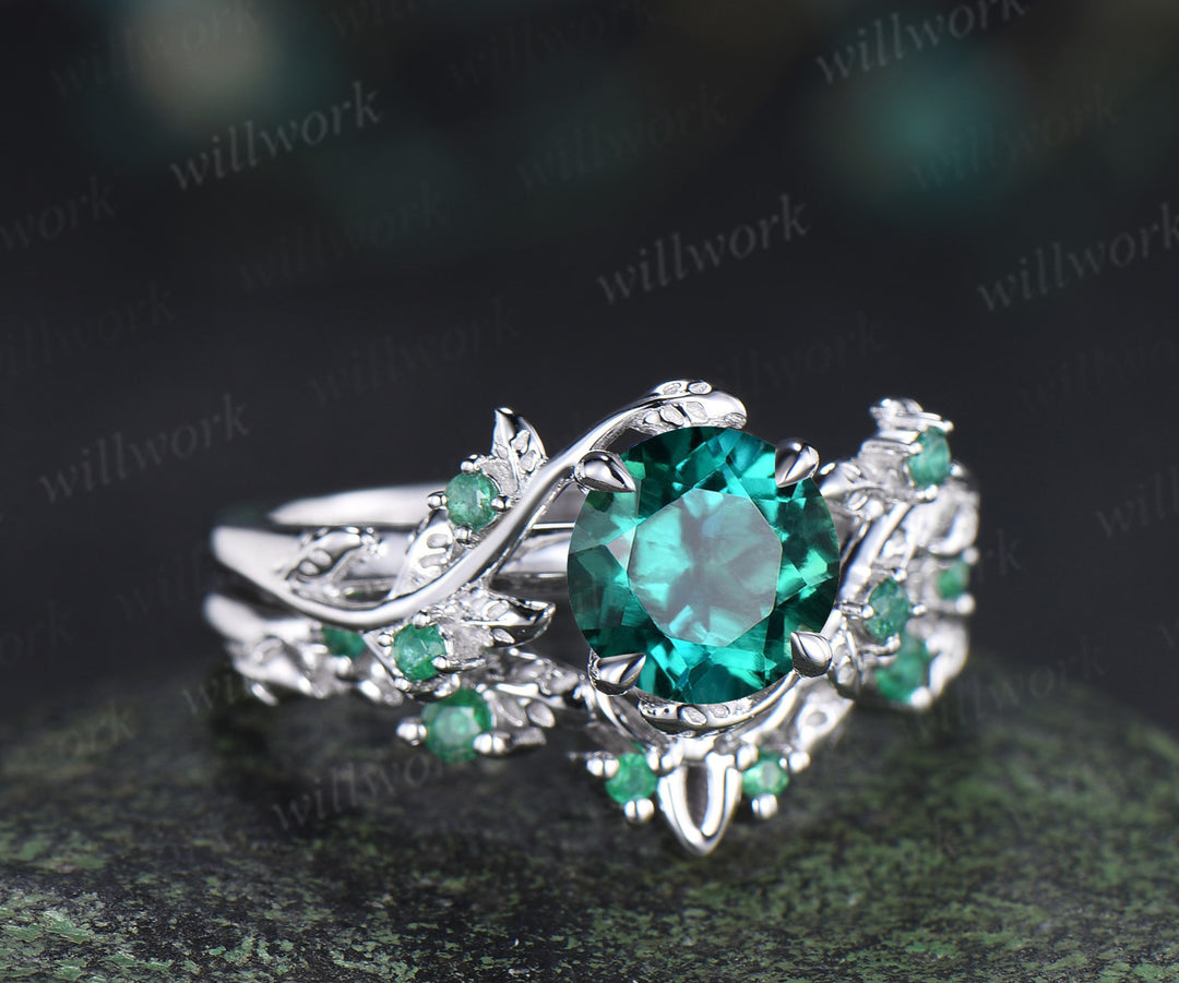 Round emerald engagement ring set natural emeralds leaf twig ring celtic knot wedding band nature inspired jewelry