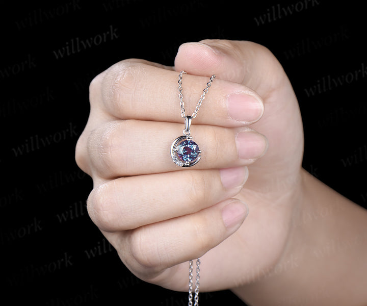 Round cut alexandrite necklace earring set alexandrite cluster unique moon pendant stud earrings jewelry gift
