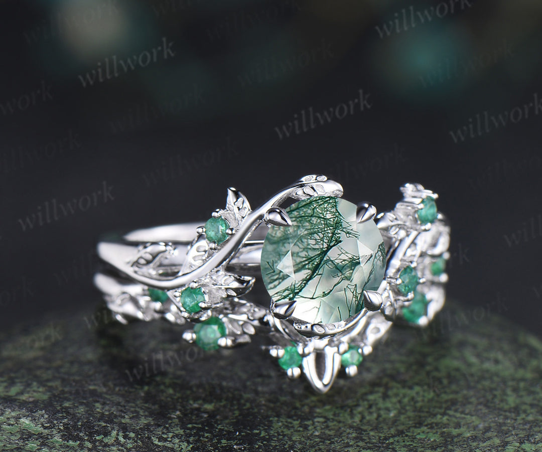 Unique round moss agate engagement ring set natural emeralds leaf branch ring celtic knot wedding band bridal set gifts for women