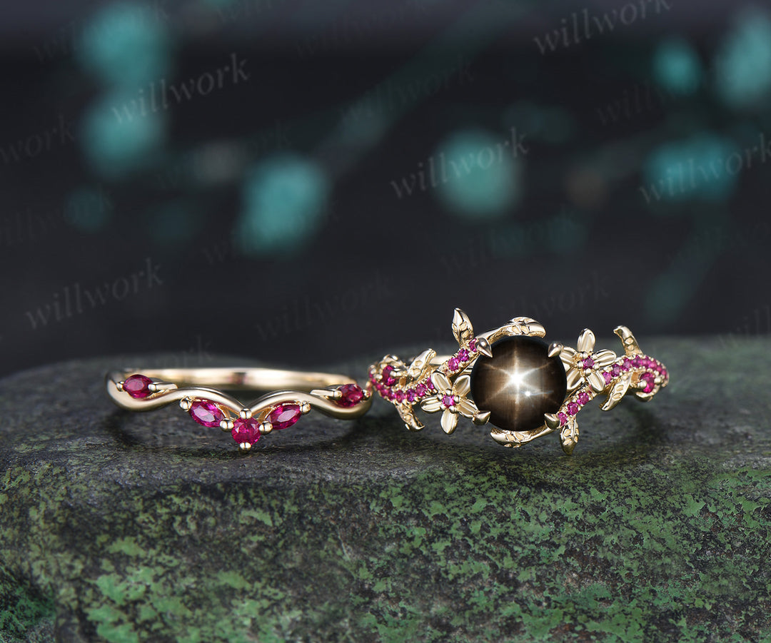 Round Black Star Sapphire Leaf Floral Engagement Ring SetRuby Half Eternity Ring Matching Band Nature Inspired Bridal Set