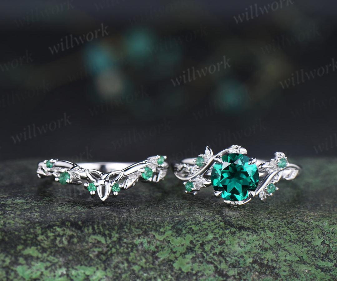 Round emerald engagement ring set natural emeralds leaf twig ring celtic knot wedding band nature inspired jewelry
