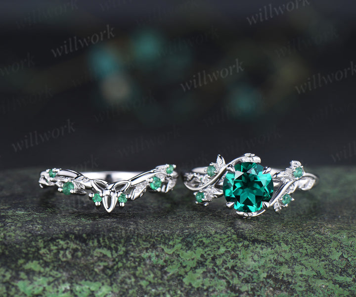 Round emerald engagement ring set natural emeralds leaf twig ring celtic knot wedding band nature inspired jewelry