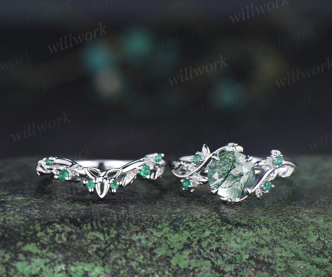 Unique round moss agate engagement ring set natural emeralds leaf branch ring celtic knot wedding band bridal set gifts for women