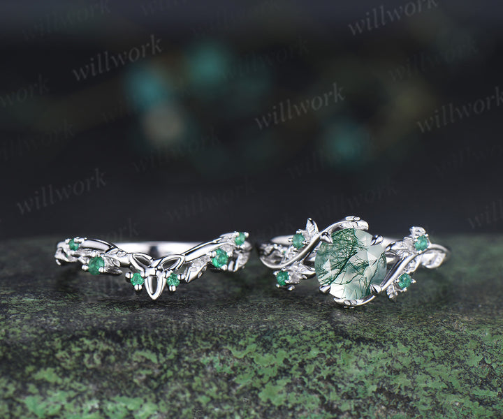 Unique round moss agate engagement ring set natural emeralds leaf branch ring celtic knot wedding band bridal set gifts for women