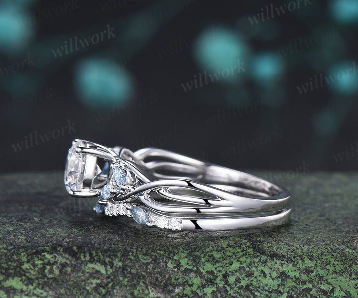 Round lab grown diamond engagement ring marquise aquamarine split shank twisted promise ring wave matching band bridal set