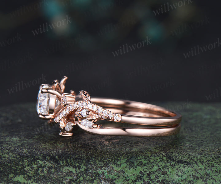 6.5mm round cut IGI Lab grown diamond engagement ring solid 14k 18k rose gold art deco moon leaf vine bridal set gifts for her
