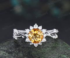 6.5mm round cut yellow citrine ring diamond halo twig infinity engagement ring nature inspired jewelry gifts for women