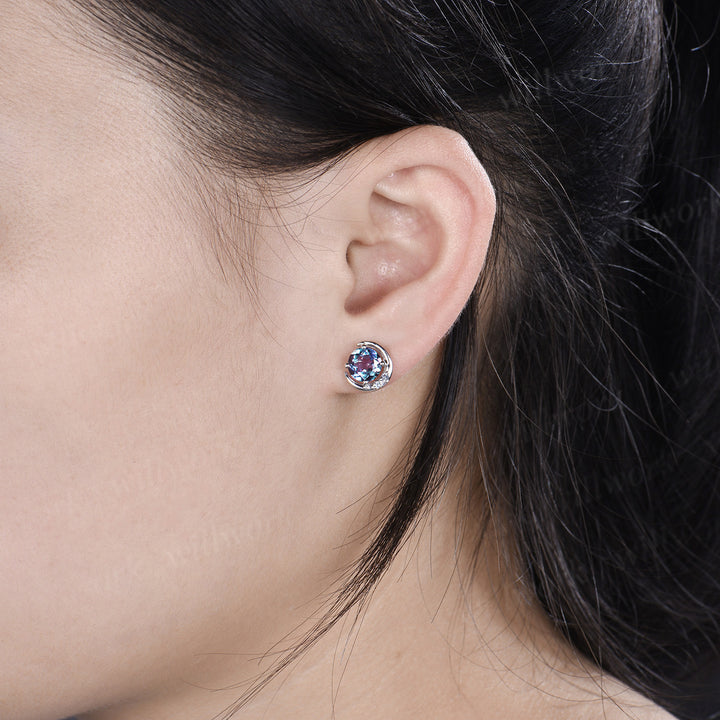 Round cut alexandrite necklace earring set alexandrite cluster unique moon pendant stud earrings jewelry gift