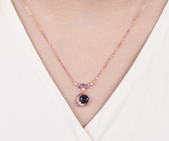 Round blue sandstone moon stars necklace amethyst moissanite cluster nebula celestial pendant jewelry gift for her