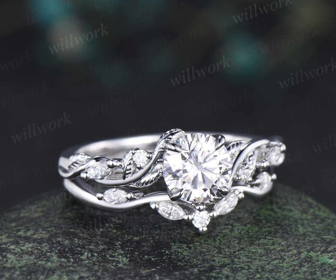 6.5mm Lab grown diamond engagement ring set nature inspired leaf vine ring unique diamond bridal set