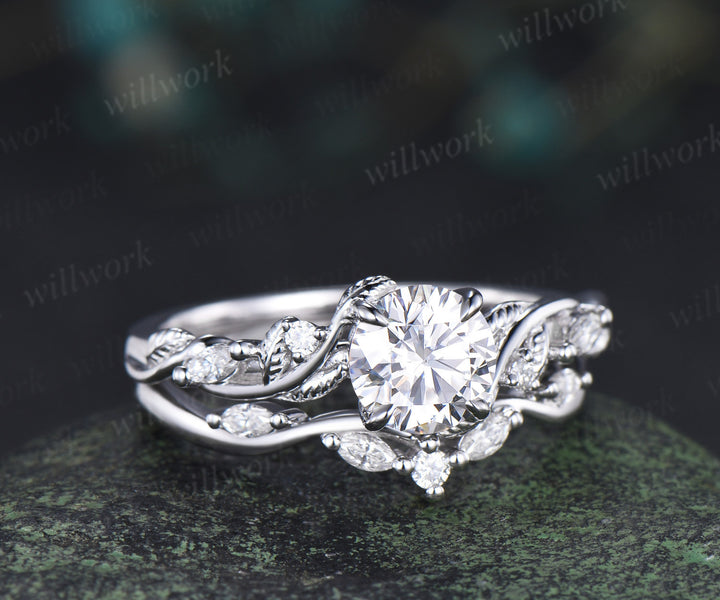 6.5mm Lab grown diamond engagement ring set nature inspired leaf vine ring unique diamond bridal set