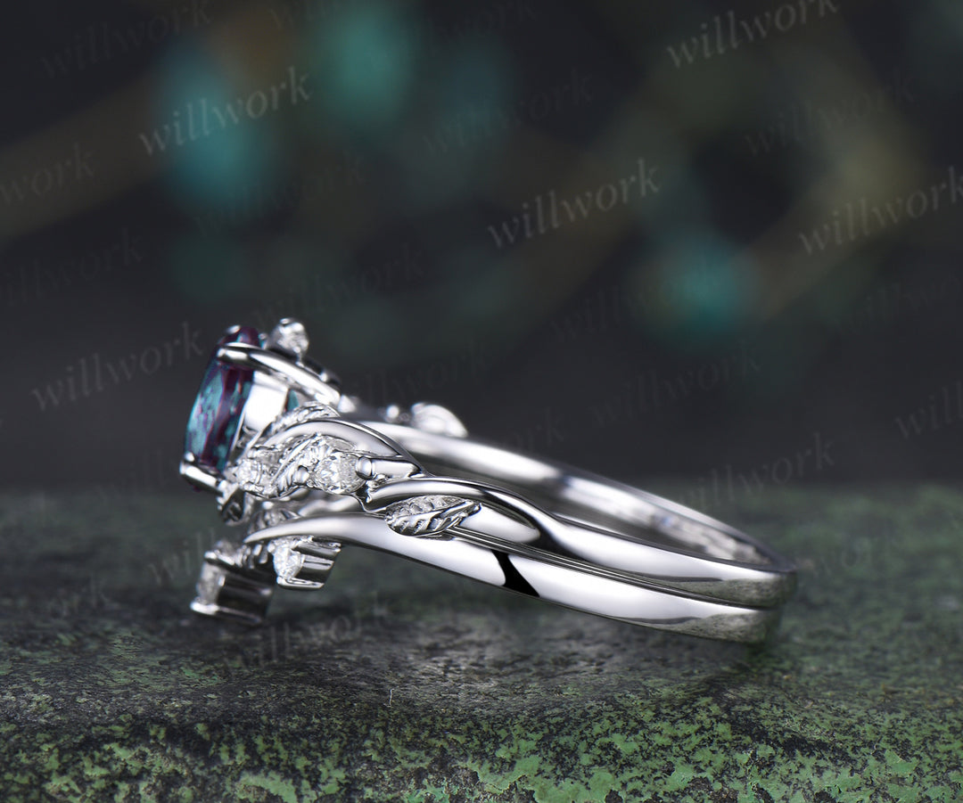 1ct round cut alexandrite engagement ring set twig leaf moissanite accent ring nature inspired bridal set