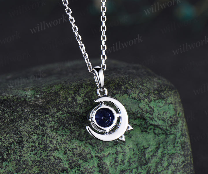 Vintage round sapphire necklace white gold diamonds cluster moon snowdrift pendant women gifts for her