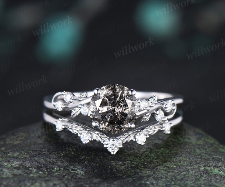 Natural Round Salt & Pepper Diamond Ring Set Leaf Vine Diamond Accent Promise Ring Curved Band Nature Inspired Bridal Set