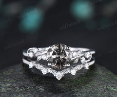 Natural Round Salt & Pepper Diamond Ring Set Leaf Vine Diamond Accent Promise Ring Curved Band Nature Inspired Bridal Set
