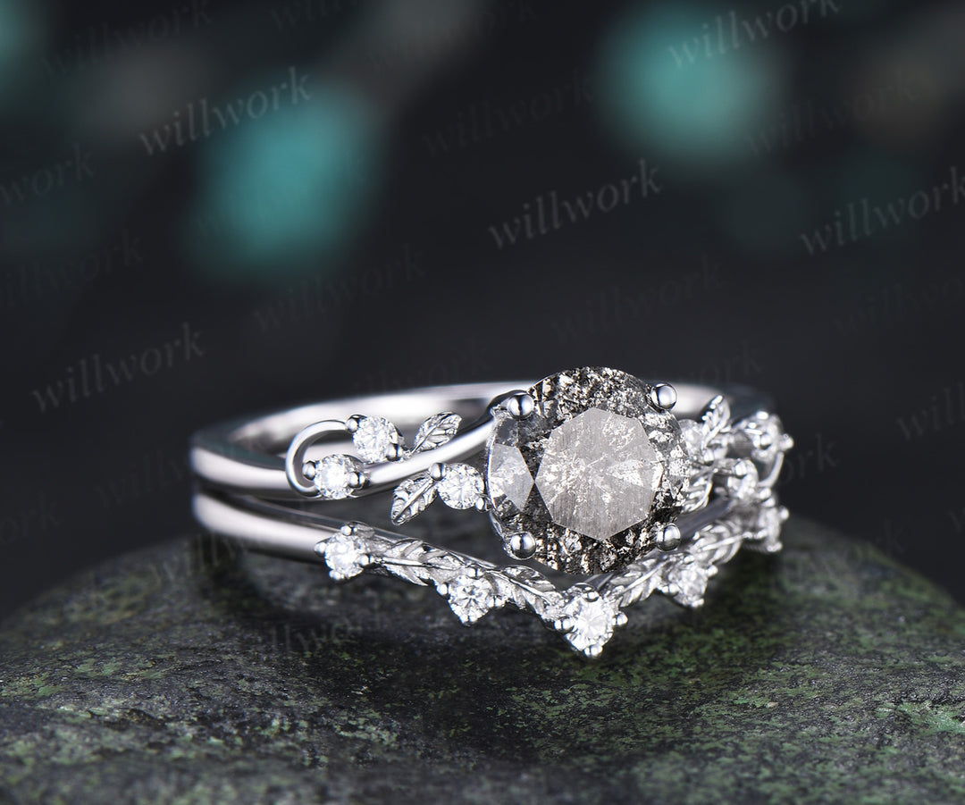 Natural Round Salt & Pepper Diamond Ring Set Leaf Vine Diamond Accent Promise Ring Curved Band Nature Inspired Bridal Set