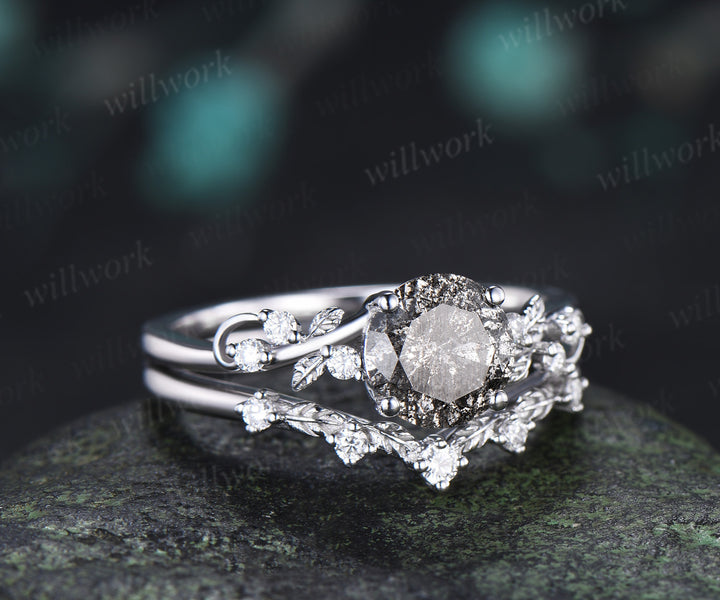 Natural Round Salt & Pepper Diamond Ring Set Leaf Vine Diamond Accent Promise Ring Curved Band Nature Inspired Bridal Set